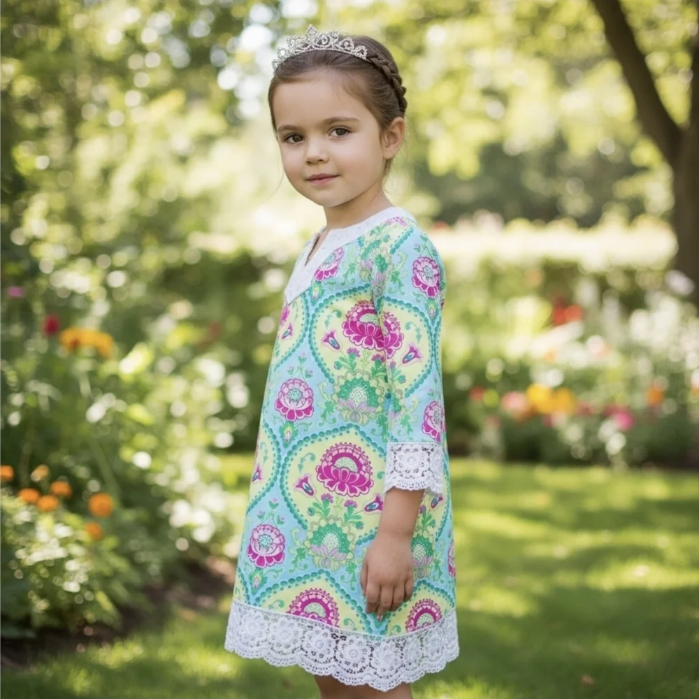 Peaches N Cream Girls Floral Dress Crochet Lace Trim Boho 3/4 Sleeve NWOT Size 8